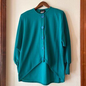 VTG 80s Fun Dolman Sleeves Top Button-Down High Low Hemline Teal Turquoise L